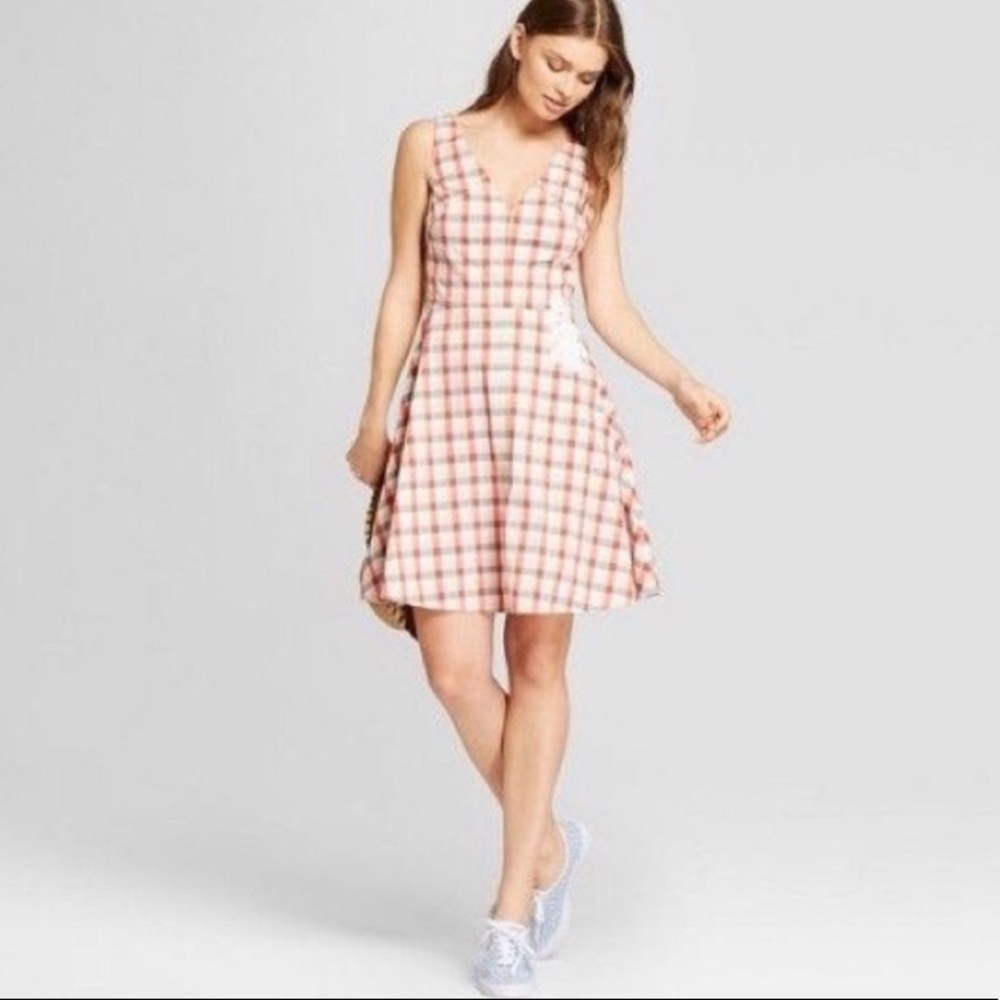 A New Day Pink Plaid Floral Embroidered Picnic Dress 4